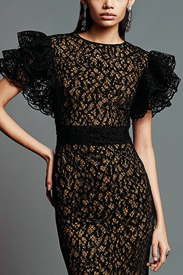 Robe longue formelle en dentelle noire sirène avec volants